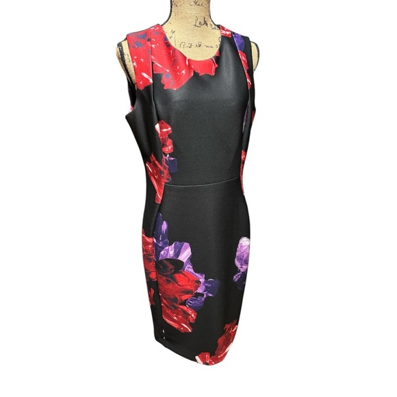 Calvin Klein Scuba Knit Black Floral Sheath Dress Career Wedding Guest Stretch - Picture 1 of 11